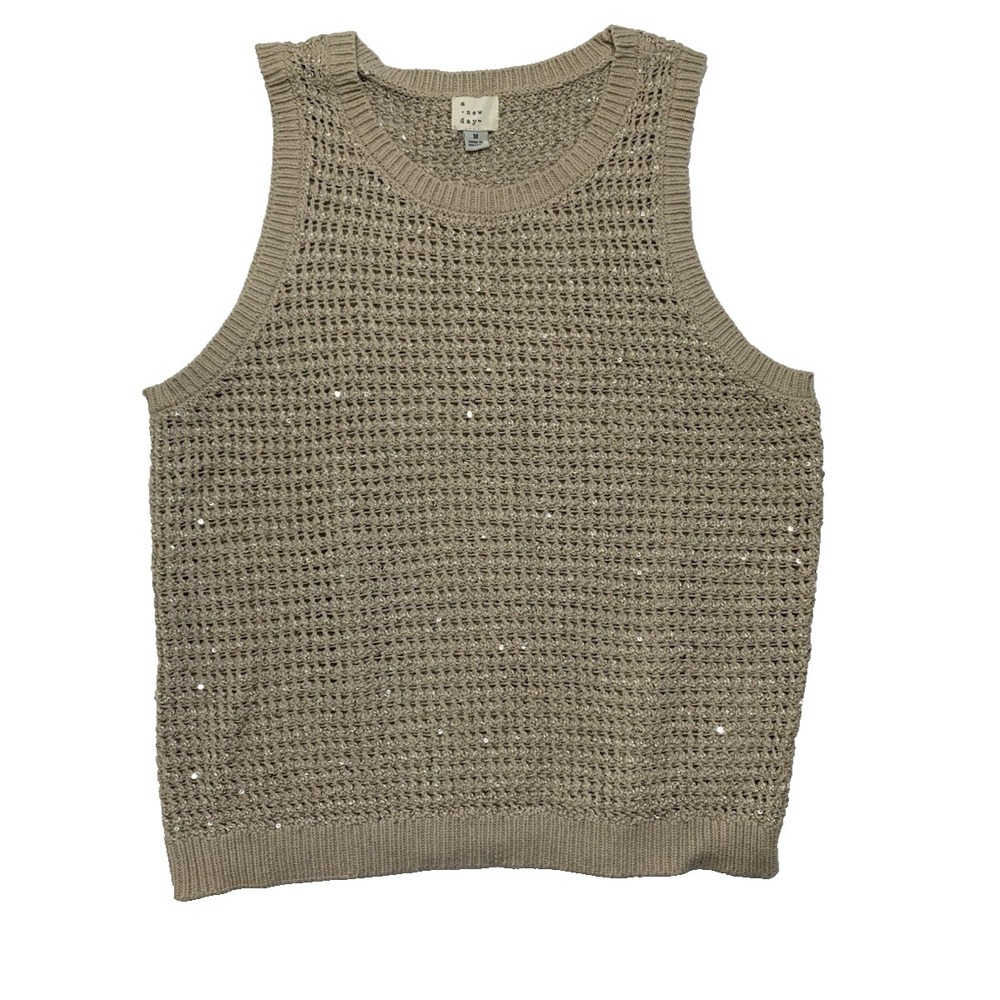 A New Day Sleeveless Knit Sweater Size M sequence Open Knit Boho Preppy 2020